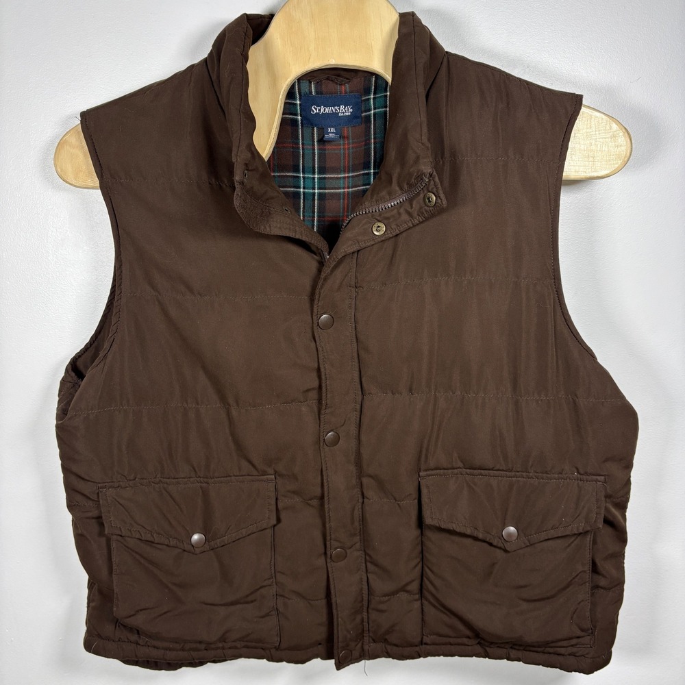 St Johns Bay Mens XXL Brown Puffer Vest Plaid Flannel Lined Quilted Full Zip